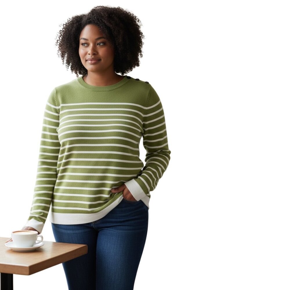 Banana Republic Womens Striped Sweater~Size L~Olive/Ivory Tunic Top ~ L6 02